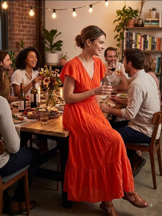 Knox Rose Dresses & Skirts - Knox Rose Orange V‑Neck Tiered Maxi Dress
